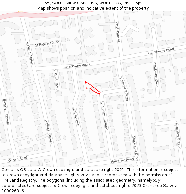 55, SOUTHVIEW GARDENS, WORTHING, BN11 5JA: Location map and indicative extent of plot