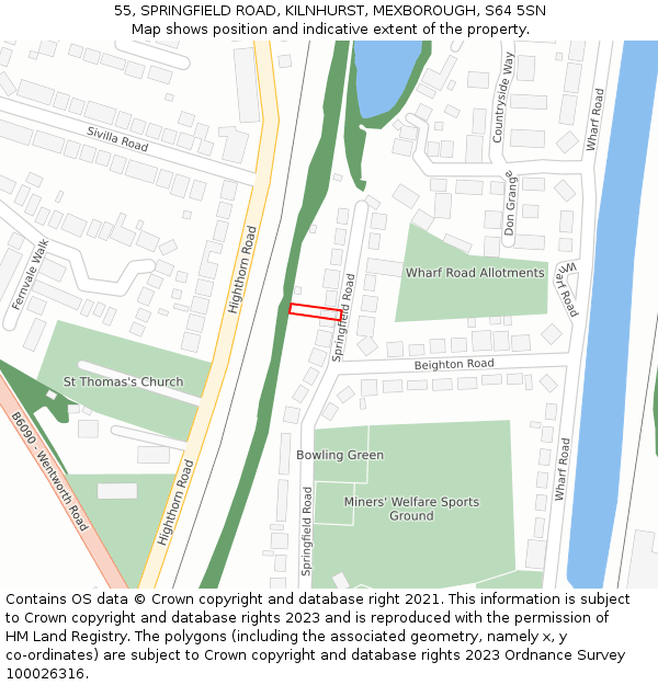 55, SPRINGFIELD ROAD, KILNHURST, MEXBOROUGH, S64 5SN: Location map and indicative extent of plot
