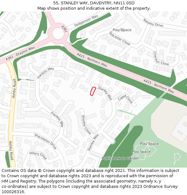 55, STANLEY WAY, DAVENTRY, NN11 0SD: Location map and indicative extent of plot