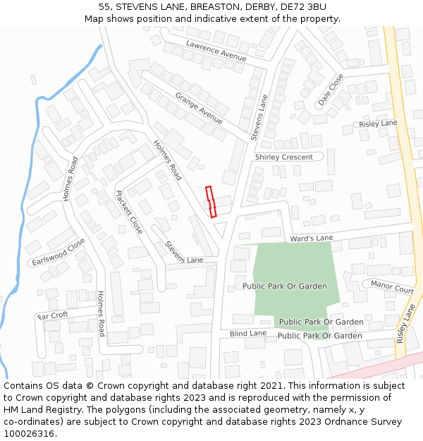 55, STEVENS LANE, BREASTON, DERBY, DE72 3BU: Location map and indicative extent of plot