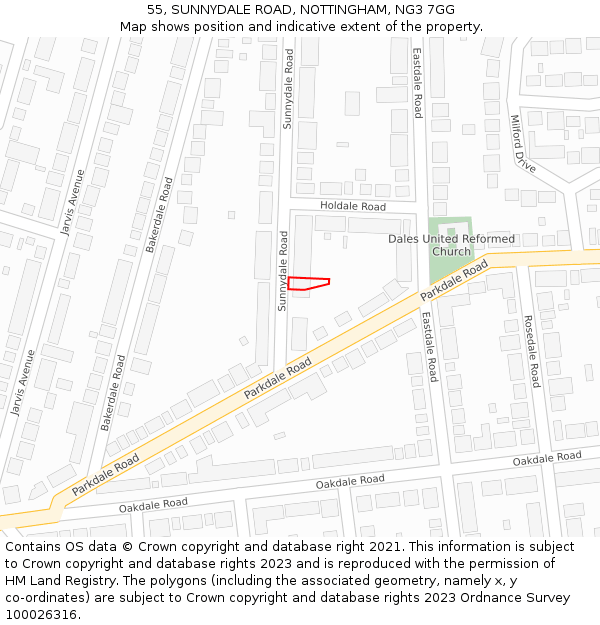55, SUNNYDALE ROAD, NOTTINGHAM, NG3 7GG: Location map and indicative extent of plot