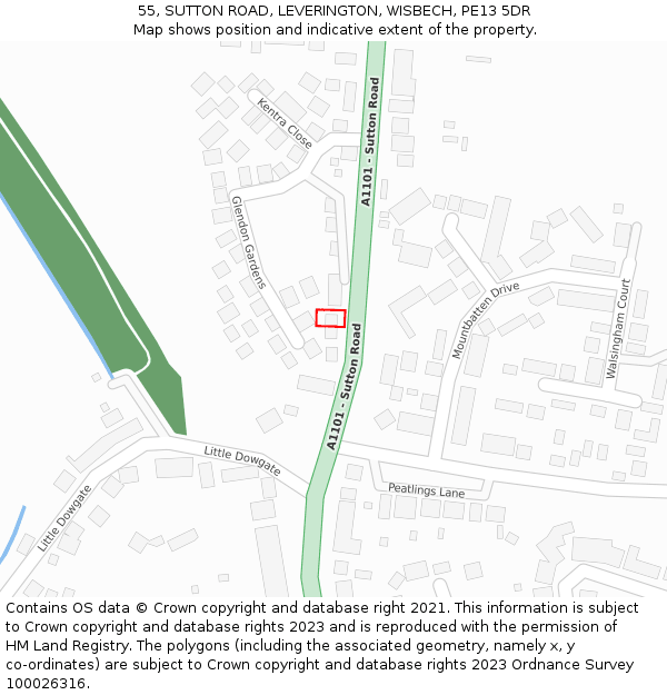 55, SUTTON ROAD, LEVERINGTON, WISBECH, PE13 5DR: Location map and indicative extent of plot