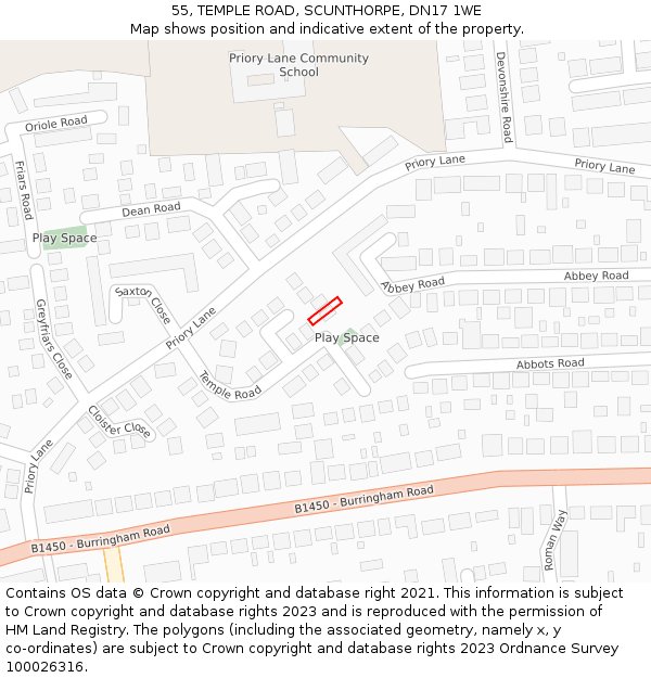 55, TEMPLE ROAD, SCUNTHORPE, DN17 1WE: Location map and indicative extent of plot