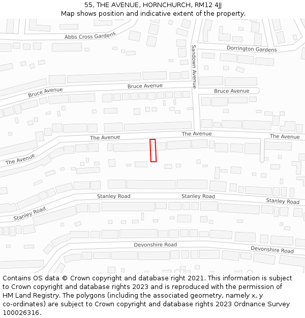 55, THE AVENUE, HORNCHURCH, RM12 4JJ: Location map and indicative extent of plot