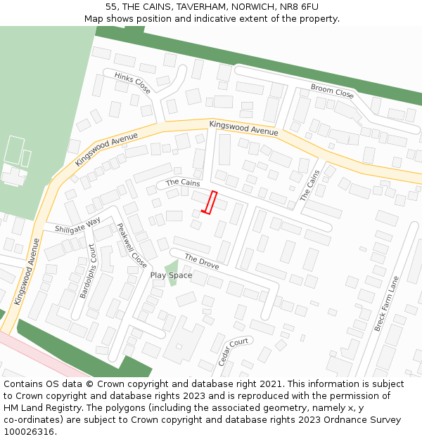 55, THE CAINS, TAVERHAM, NORWICH, NR8 6FU: Location map and indicative extent of plot
