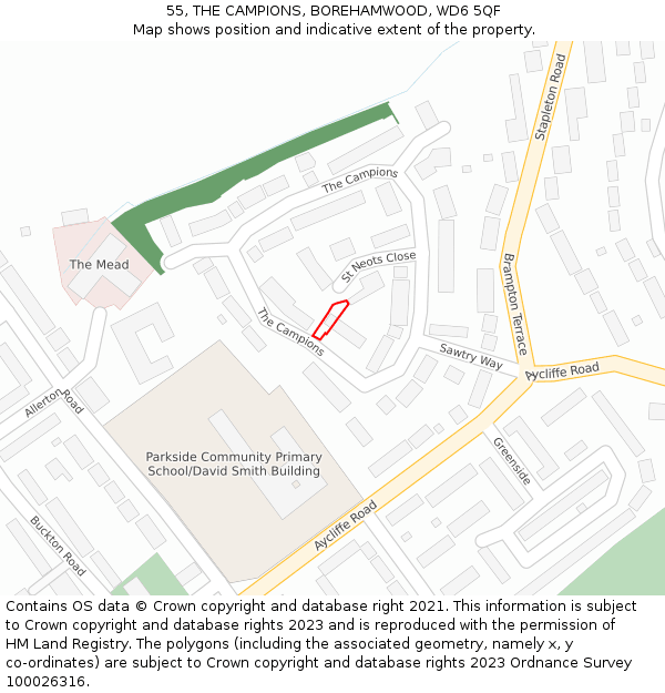 55, THE CAMPIONS, BOREHAMWOOD, WD6 5QF: Location map and indicative extent of plot