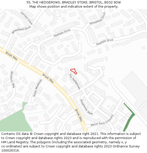 55, THE HEDGEROWS, BRADLEY STOKE, BRISTOL, BS32 9DW: Location map and indicative extent of plot