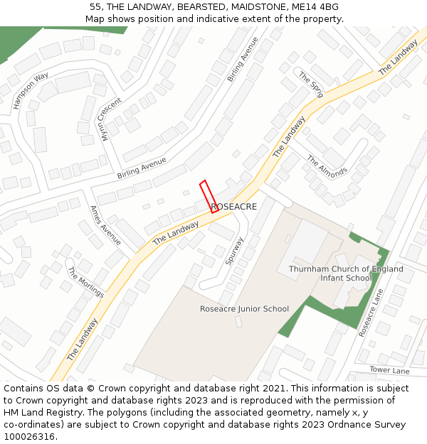55, THE LANDWAY, BEARSTED, MAIDSTONE, ME14 4BG: Location map and indicative extent of plot
