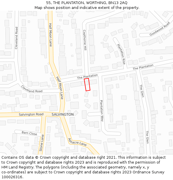 55, THE PLANTATION, WORTHING, BN13 2AQ: Location map and indicative extent of plot