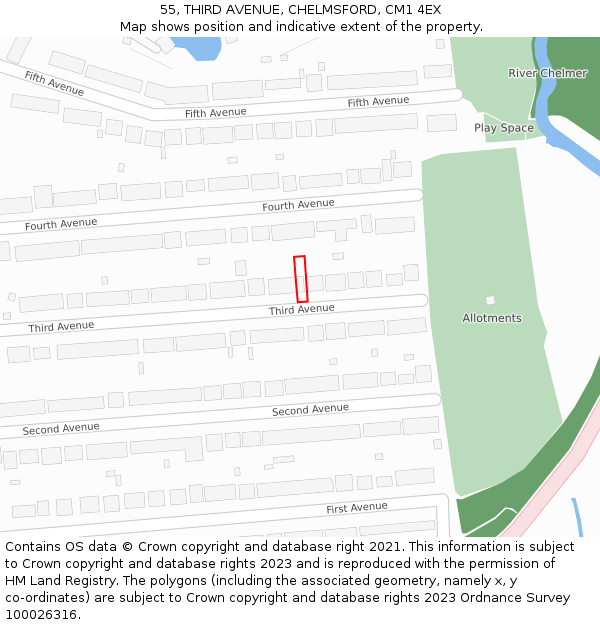 55, THIRD AVENUE, CHELMSFORD, CM1 4EX: Location map and indicative extent of plot