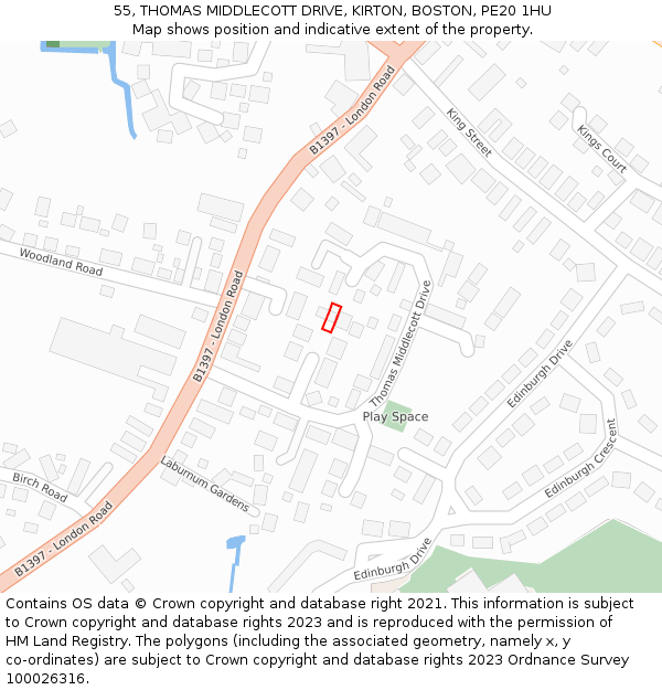 55, THOMAS MIDDLECOTT DRIVE, KIRTON, BOSTON, PE20 1HU: Location map and indicative extent of plot