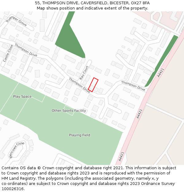 55, THOMPSON DRIVE, CAVERSFIELD, BICESTER, OX27 8FA: Location map and indicative extent of plot
