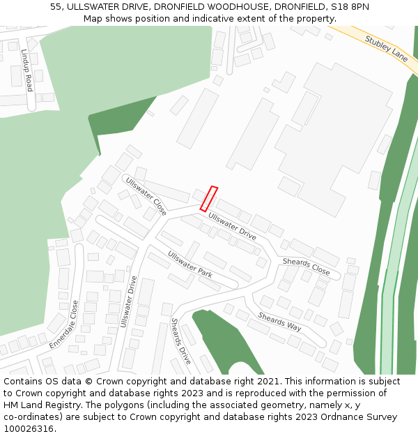 55, ULLSWATER DRIVE, DRONFIELD WOODHOUSE, DRONFIELD, S18 8PN: Location map and indicative extent of plot