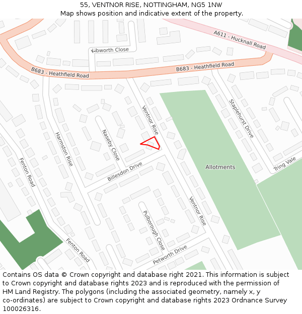 55, VENTNOR RISE, NOTTINGHAM, NG5 1NW: Location map and indicative extent of plot