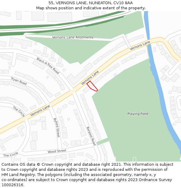 55, VERNONS LANE, NUNEATON, CV10 8AA: Location map and indicative extent of plot
