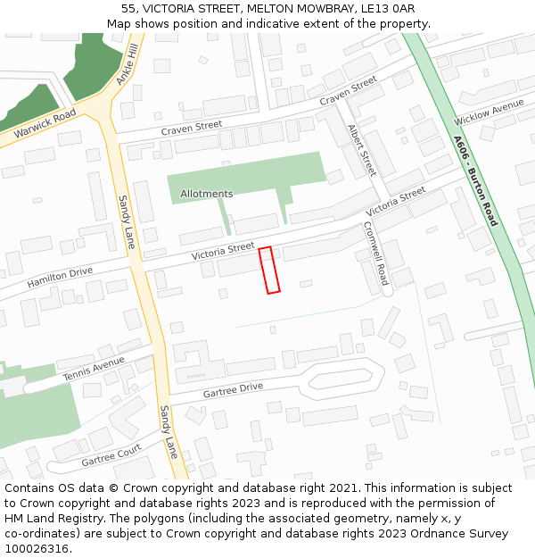 55, VICTORIA STREET, MELTON MOWBRAY, LE13 0AR: Location map and indicative extent of plot