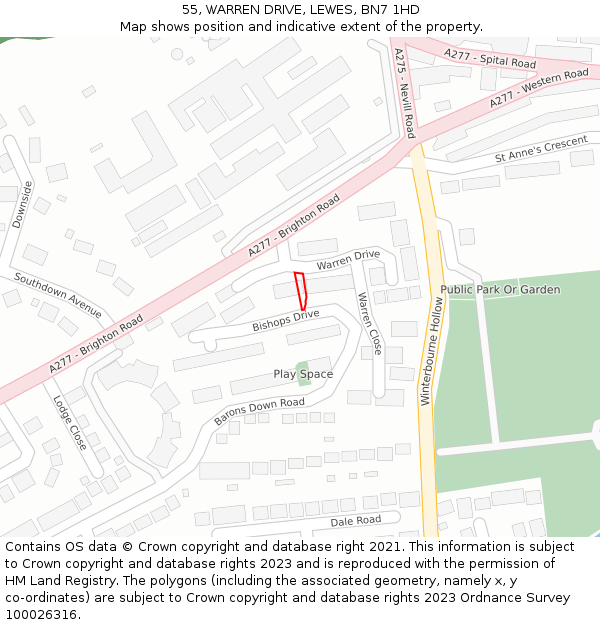55, WARREN DRIVE, LEWES, BN7 1HD: Location map and indicative extent of plot