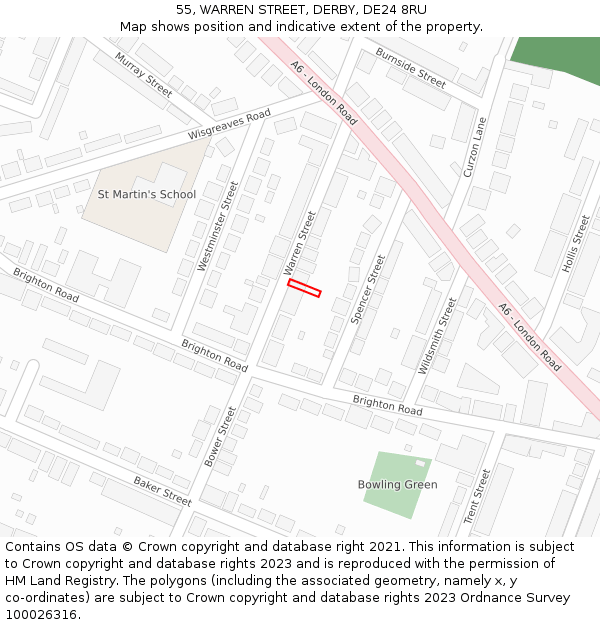 55, WARREN STREET, DERBY, DE24 8RU: Location map and indicative extent of plot