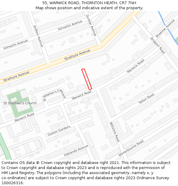 55, WARWICK ROAD, THORNTON HEATH, CR7 7NH: Location map and indicative extent of plot