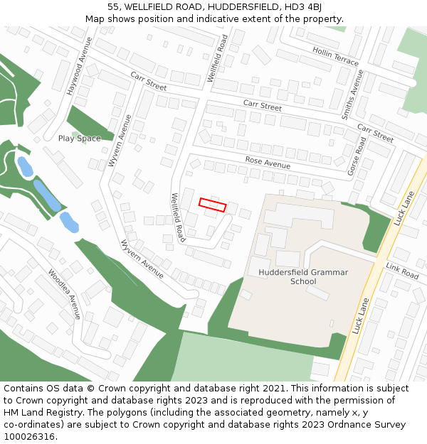 55, WELLFIELD ROAD, HUDDERSFIELD, HD3 4BJ: Location map and indicative extent of plot