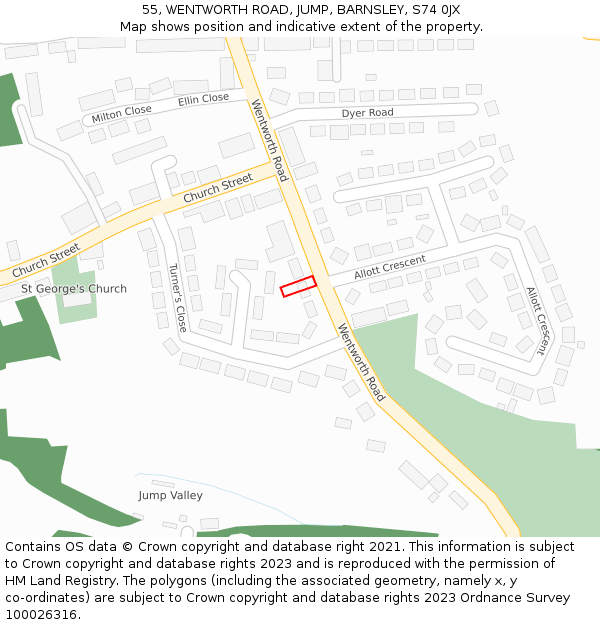 55, WENTWORTH ROAD, JUMP, BARNSLEY, S74 0JX: Location map and indicative extent of plot