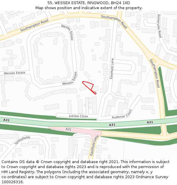 55, WESSEX ESTATE, RINGWOOD, BH24 1XD: Location map and indicative extent of plot