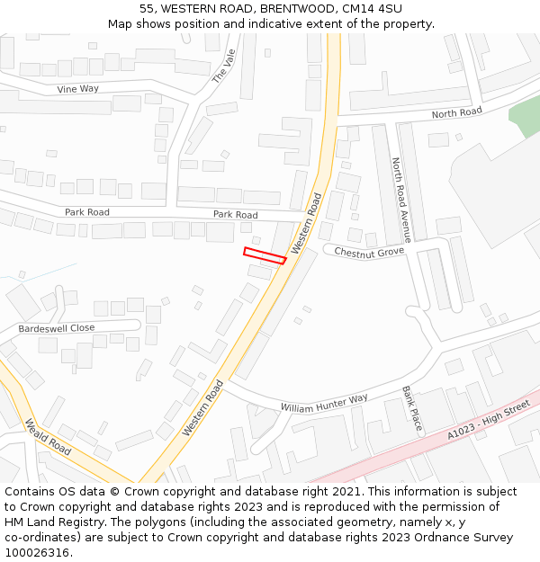 55, WESTERN ROAD, BRENTWOOD, CM14 4SU: Location map and indicative extent of plot