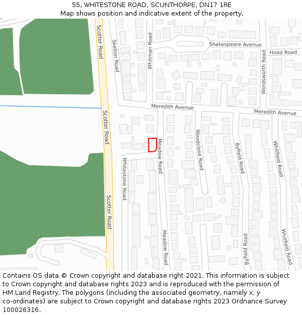55, WHITESTONE ROAD, SCUNTHORPE, DN17 1RE: Location map and indicative extent of plot