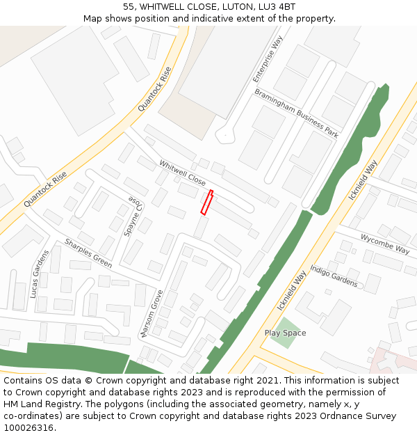 55, WHITWELL CLOSE, LUTON, LU3 4BT: Location map and indicative extent of plot