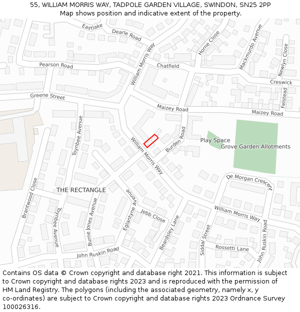 55, WILLIAM MORRIS WAY, TADPOLE GARDEN VILLAGE, SWINDON, SN25 2PP: Location map and indicative extent of plot