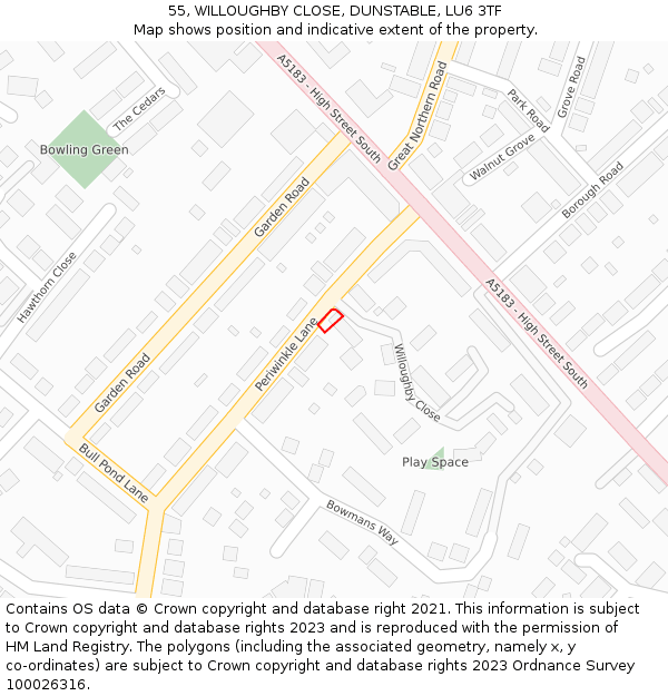 55, WILLOUGHBY CLOSE, DUNSTABLE, LU6 3TF: Location map and indicative extent of plot