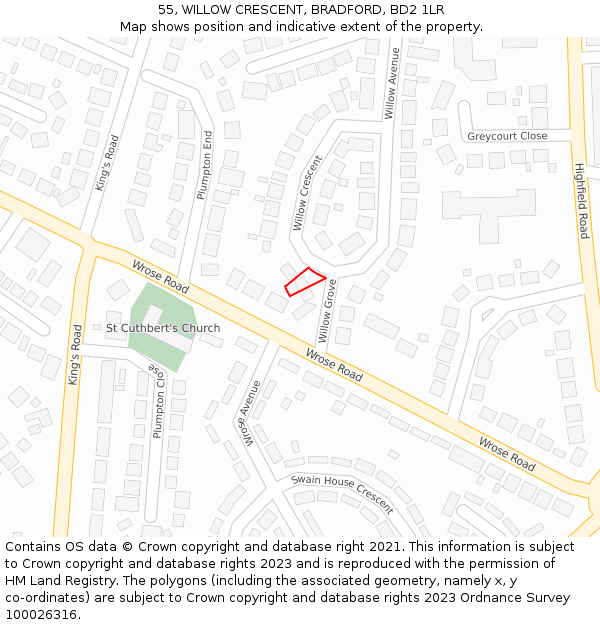 55, WILLOW CRESCENT, BRADFORD, BD2 1LR: Location map and indicative extent of plot