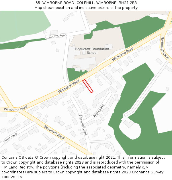 55, WIMBORNE ROAD, COLEHILL, WIMBORNE, BH21 2RR: Location map and indicative extent of plot