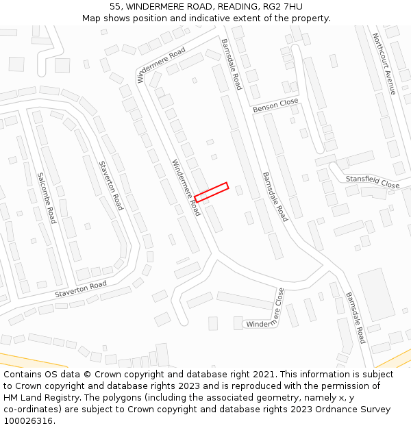 55, WINDERMERE ROAD, READING, RG2 7HU: Location map and indicative extent of plot