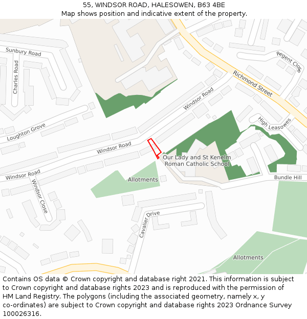 55, WINDSOR ROAD, HALESOWEN, B63 4BE: Location map and indicative extent of plot