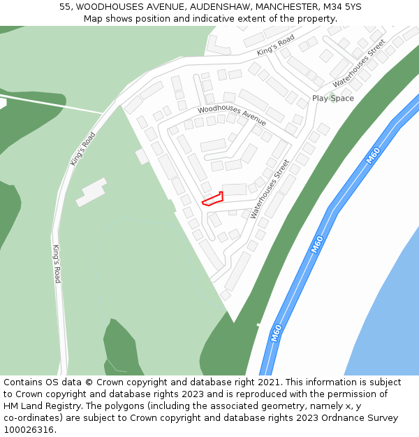 55, WOODHOUSES AVENUE, AUDENSHAW, MANCHESTER, M34 5YS: Location map and indicative extent of plot