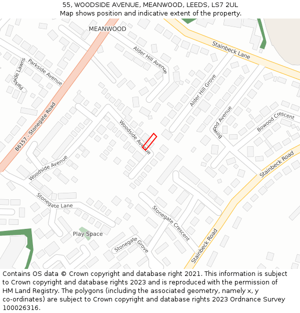 55, WOODSIDE AVENUE, MEANWOOD, LEEDS, LS7 2UL: Location map and indicative extent of plot