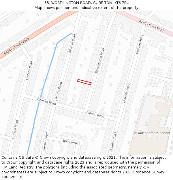 55, WORTHINGTON ROAD, SURBITON, KT6 7RU: Location map and indicative extent of plot