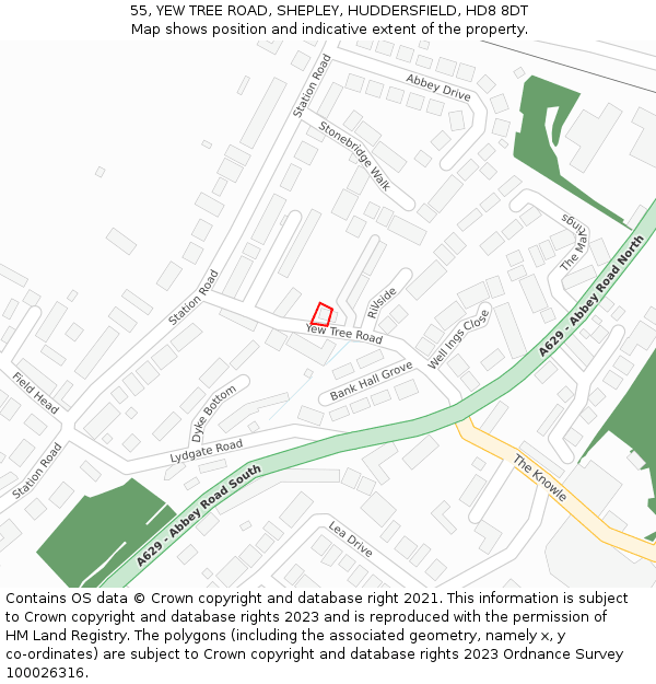 55, YEW TREE ROAD, SHEPLEY, HUDDERSFIELD, HD8 8DT: Location map and indicative extent of plot