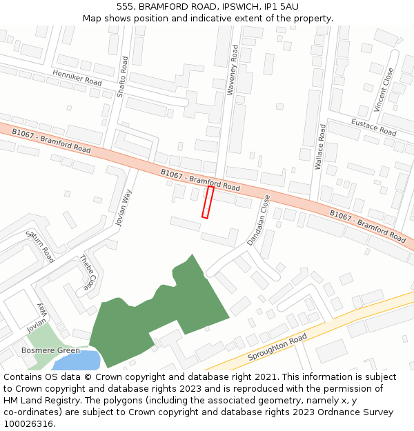 555, BRAMFORD ROAD, IPSWICH, IP1 5AU: Location map and indicative extent of plot
