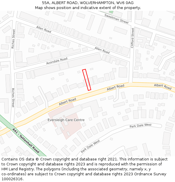 55A, ALBERT ROAD, WOLVERHAMPTON, WV6 0AG: Location map and indicative extent of plot