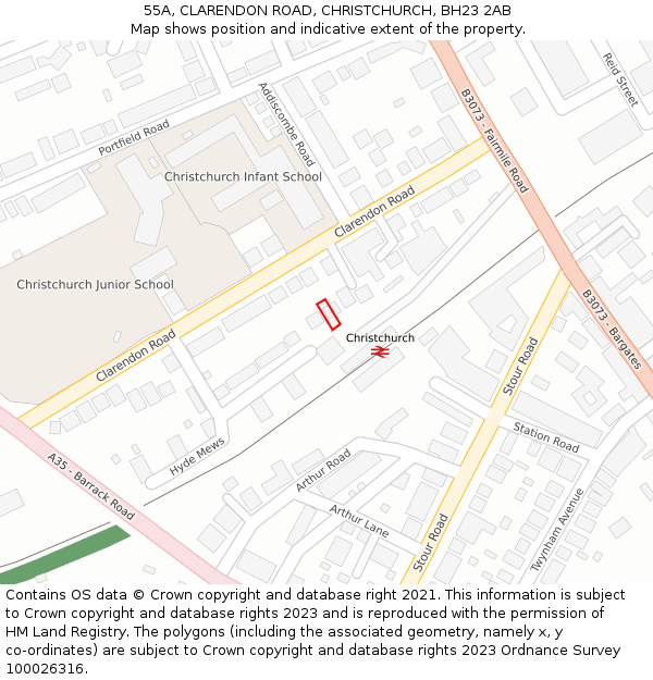 55A, CLARENDON ROAD, CHRISTCHURCH, BH23 2AB: Location map and indicative extent of plot
