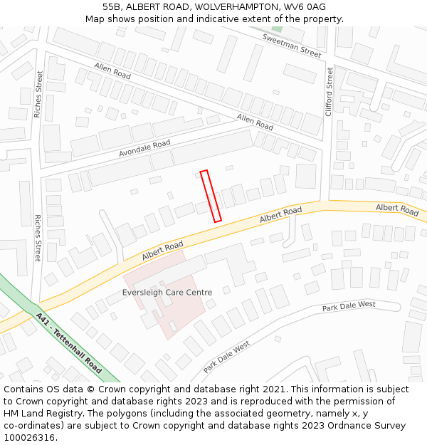 55B, ALBERT ROAD, WOLVERHAMPTON, WV6 0AG: Location map and indicative extent of plot