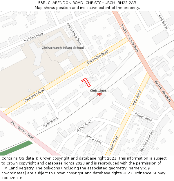 55B, CLARENDON ROAD, CHRISTCHURCH, BH23 2AB: Location map and indicative extent of plot