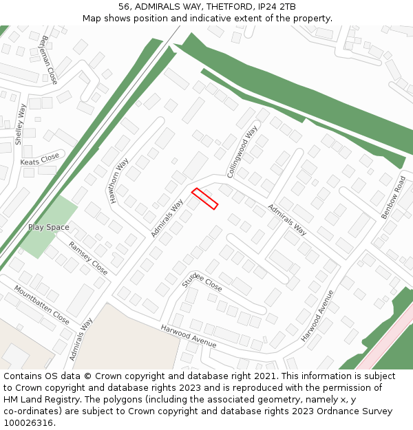 56, ADMIRALS WAY, THETFORD, IP24 2TB: Location map and indicative extent of plot