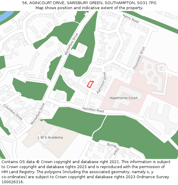 56, AGINCOURT DRIVE, SARISBURY GREEN, SOUTHAMPTON, SO31 7PG: Location map and indicative extent of plot
