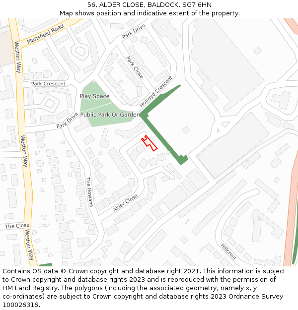 56, ALDER CLOSE, BALDOCK, SG7 6HN: Location map and indicative extent of plot