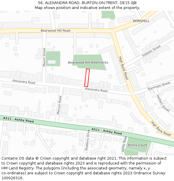56, ALEXANDRA ROAD, BURTON-ON-TRENT, DE15 0JB: Location map and indicative extent of plot