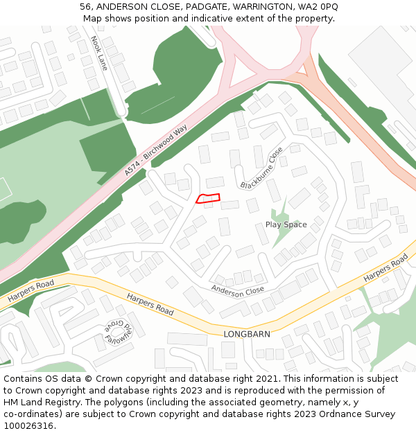 56, ANDERSON CLOSE, PADGATE, WARRINGTON, WA2 0PQ: Location map and indicative extent of plot