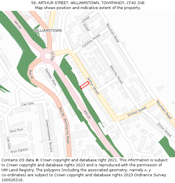 56, ARTHUR STREET, WILLIAMSTOWN, TONYPANDY, CF40 1NE: Location map and indicative extent of plot